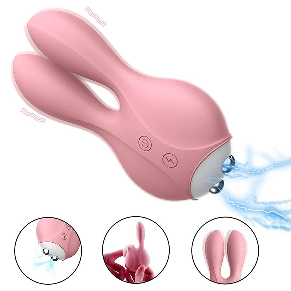 Vibrador para Clit�ris em Silicone Recarreg�vel Rosa, vis�o geral com ondas de vibra��o e foco nos eletrodos de choque