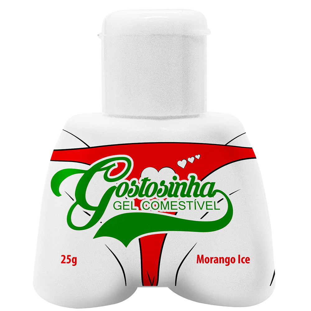 Gel Comest�vel Ice Gostosinha Morango em embalagem de 35g, com design branco e arte simulando calcinha, com o nome 'Gostosinha Gel Comest�vel Morango Ice' e '25g'
