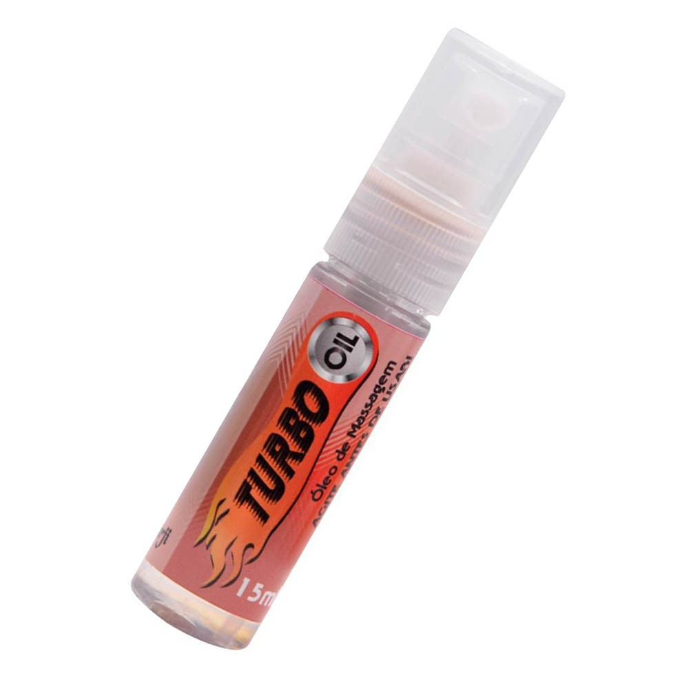 Turbo Oil Spray �leo Para Massagem 15ml - Vis�o lateral do frasco com r�tulo e bico spray
