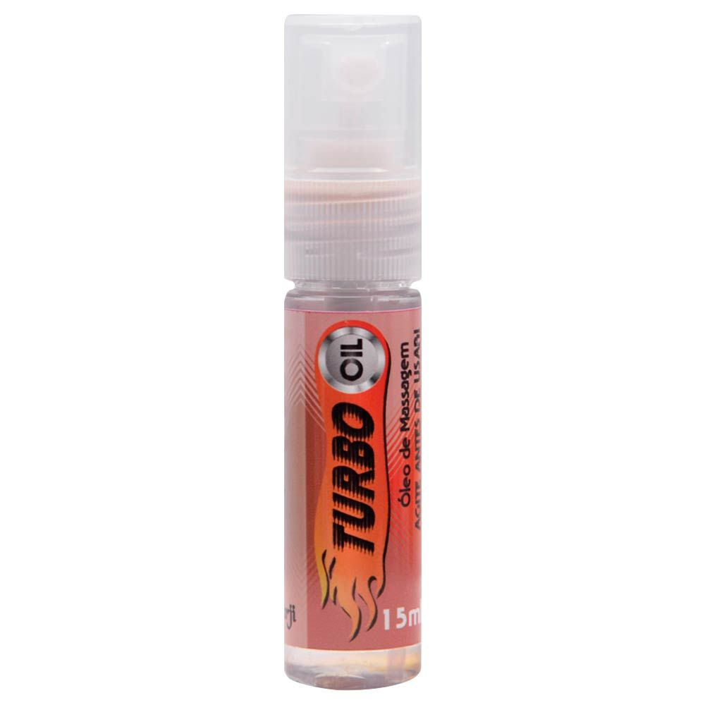 Turbo Oil Spray �leo Para Massagem 15ml - Frasco em posi��o vertical mostrando o r�tulo e o conte�do