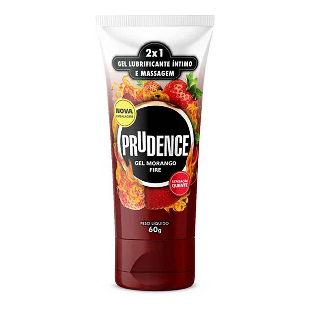 Prudence Gel Morango Fire 60g, embalagem branca e vermelha com morangos e chamas ilustradas