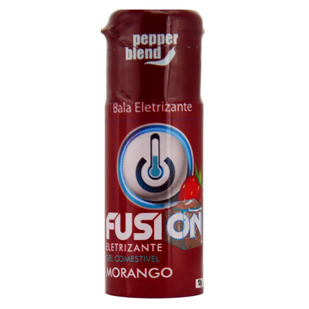 Excitante Unissex Eletrizante Fusion Morango - frasco vermelho com logo 'Pepper Blend' e 'Fusion' com desenho de morango e s�mbolo de energia