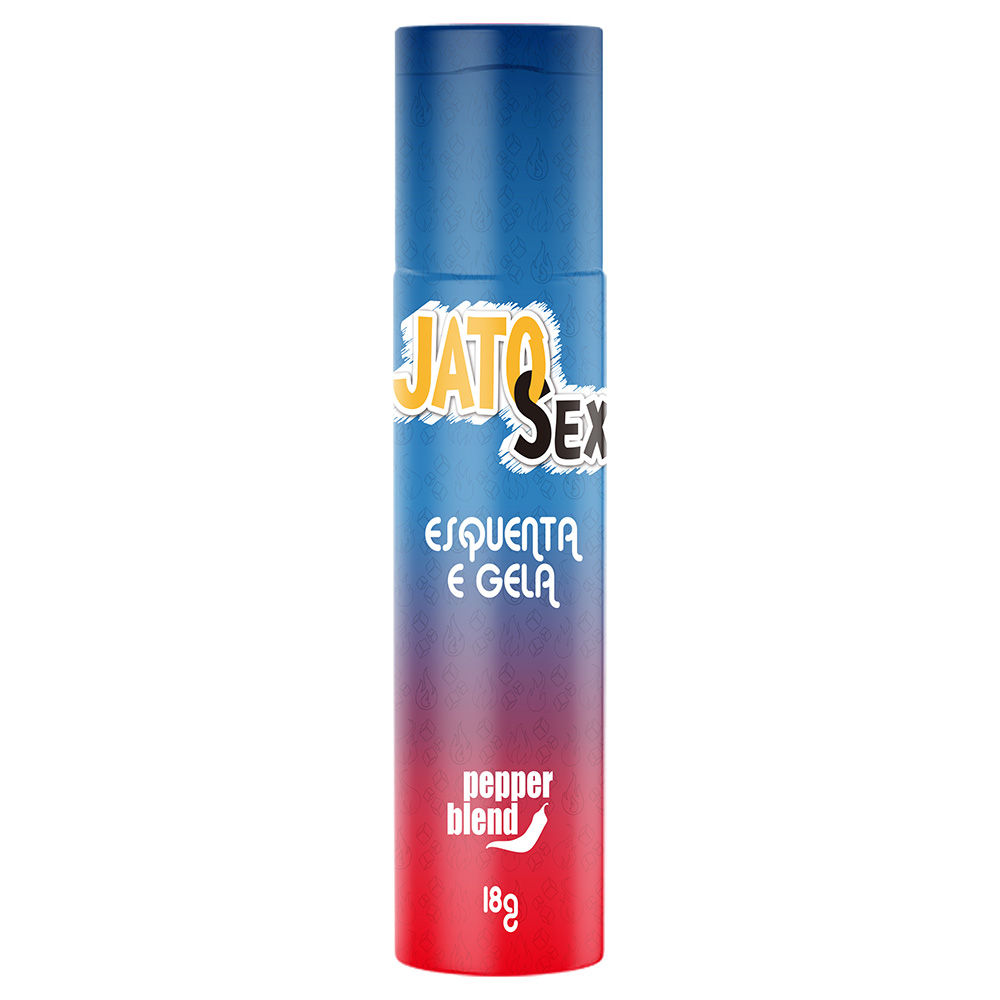 Gel Deslizante Comest�vel Esquenta Esfria Jato Sex, embalagem azul e vermelha da marca Pepper Blend Cosm�tico
