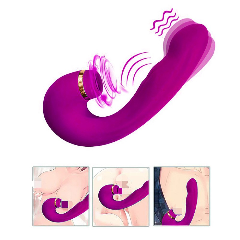 Vibrador Duplo em Silicone Recarreg�vel com 10 Vibra��es e 5 Pulsa��es Air Pulse 2 Pink em uso, mostrando a haste vibrat�ria e o sugador clitoriano em ilustra��o