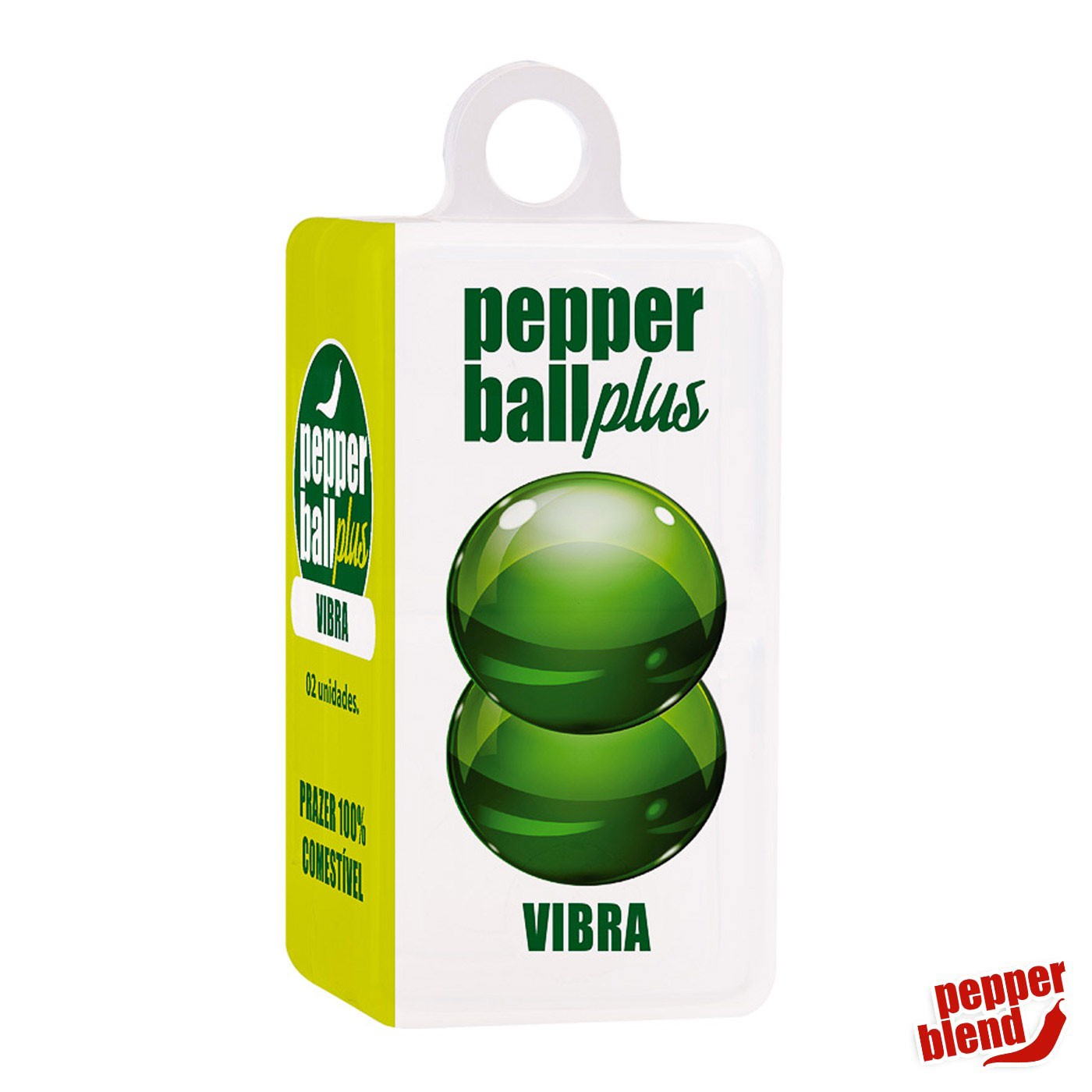 Pepper Ball Comest�vel Plus Vibra em embalagem com duas unidades, destacando o nome e o efeito vibrat�rio