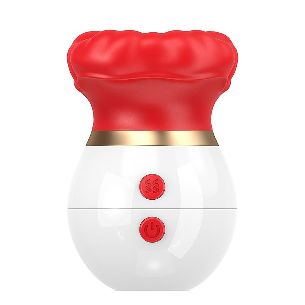Sugador para Clit�ris Silicone Recarreg�vel em posi��o vertical exibindo a parte superior de suc��o vermelha em formato de l�bios e a base branca com bot�es de controle
