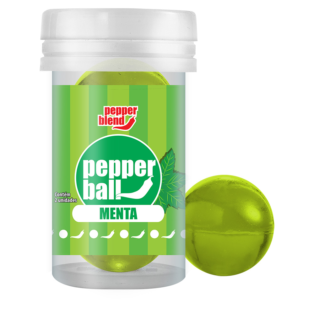 Pepper Ball Comest�vel Menta, duas unidades da bolinha de �leo corporal com sabor refrescante de menta, embalagem transl�cida e etiqueta verde.