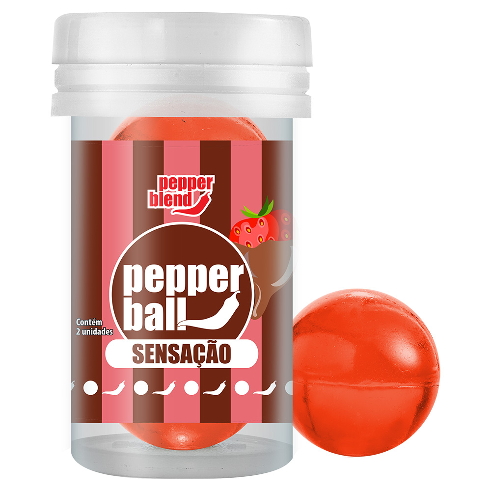 Pepper Ball Comest�vel Sensa��o 2 Unidades em frasco transparente com r�tulo de pimentas e morangos, e uma bolinha solta ao lado.