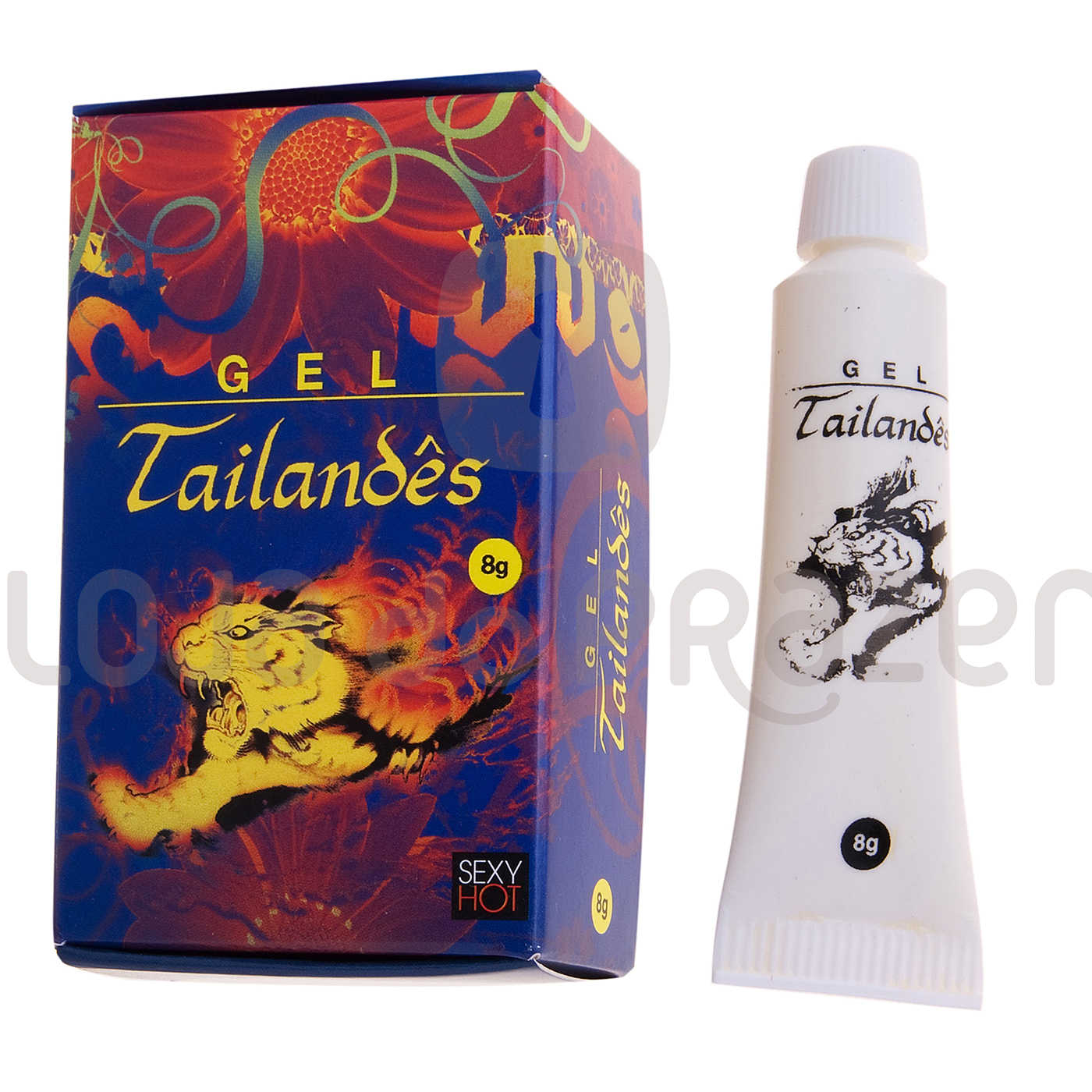 Gel Adstringente Feminino Tailand�s: embalagem colorida e bisnaga branca com o produto