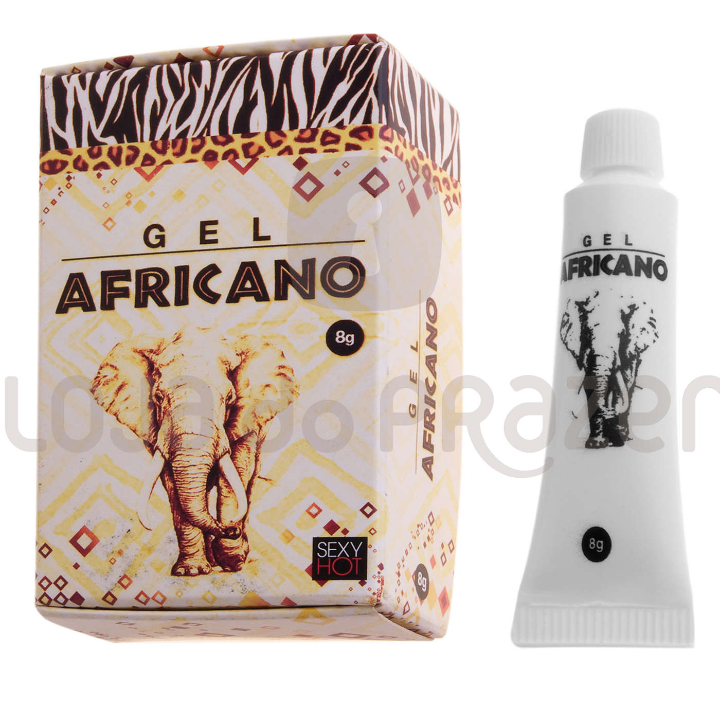 Gel para Sexo Anal Africano 8g em embalagem colorida e tubinho, com arte de elefante