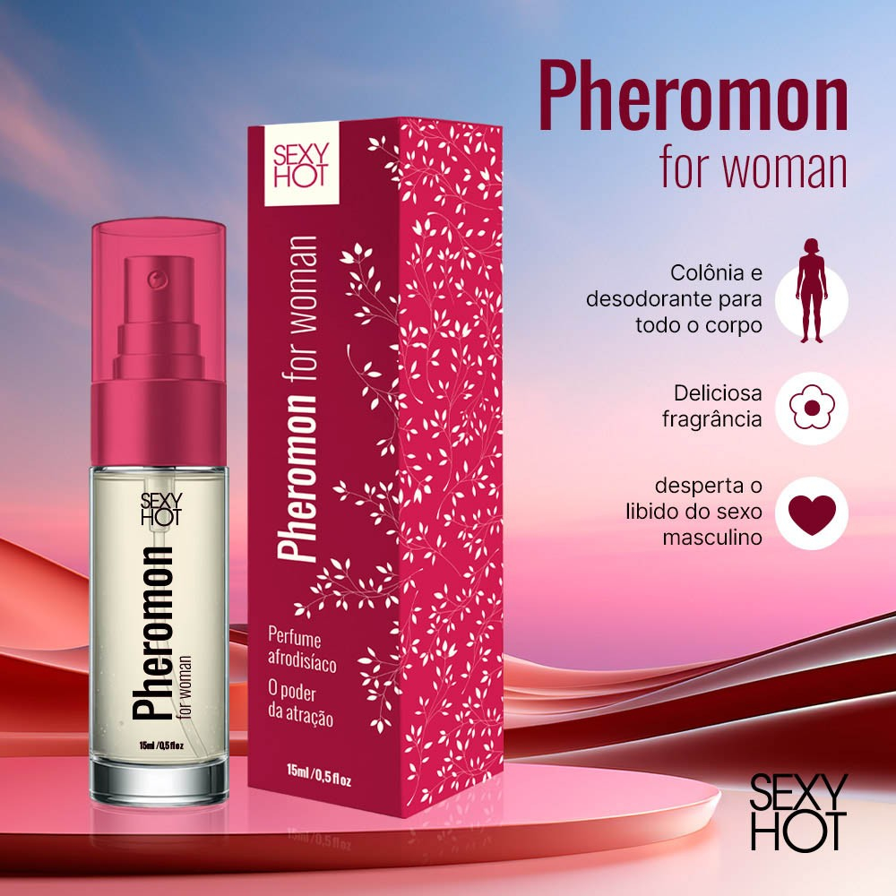 Perfume Afrodis�aco Pheromon for Woman Sexy Hot, frasco e embalagem destacando os benef�cios do produto