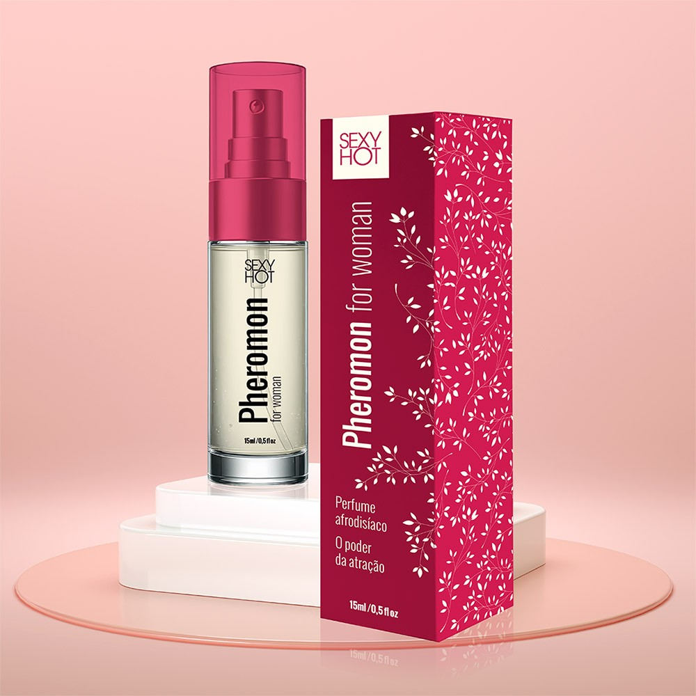 Perfume Afrodis�aco Pheromon for Woman Sexy Hot, frasco em pedestal elegante e embalagem ao lado