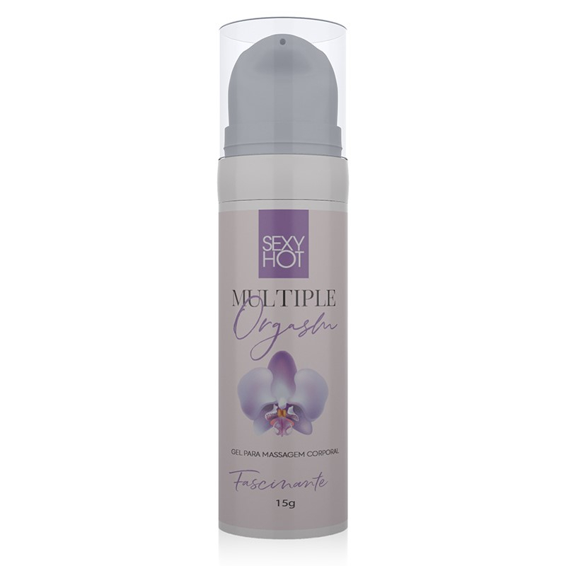 Gel Excitante Feminino Multiple Orgasm Sexy Hot em sua embalagem individual, destacando o r�tulo com a orqu�dea roxa e o nome do produto. Frasco cinza com tampa transparente.