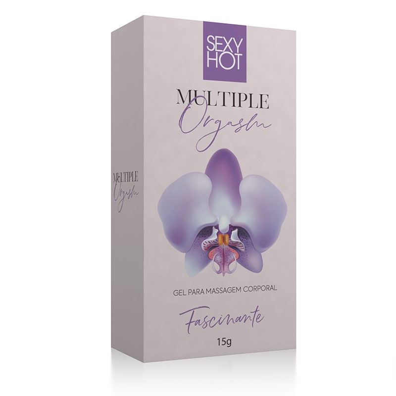 Gel Excitante Feminino Multiple Orgasm Sexy Hot em sua embalagem individual, destacando o r�tulo com a orqu�dea roxa e o nome do produto. Caixa com design elegante e frasco cinza com tampa transparente.