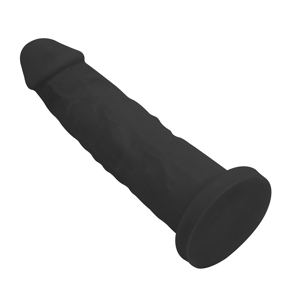 P�nis de Borracha com Base Lunes | Dildo preto em vista lateral, exibindo a curvatura e a base de encaixe.