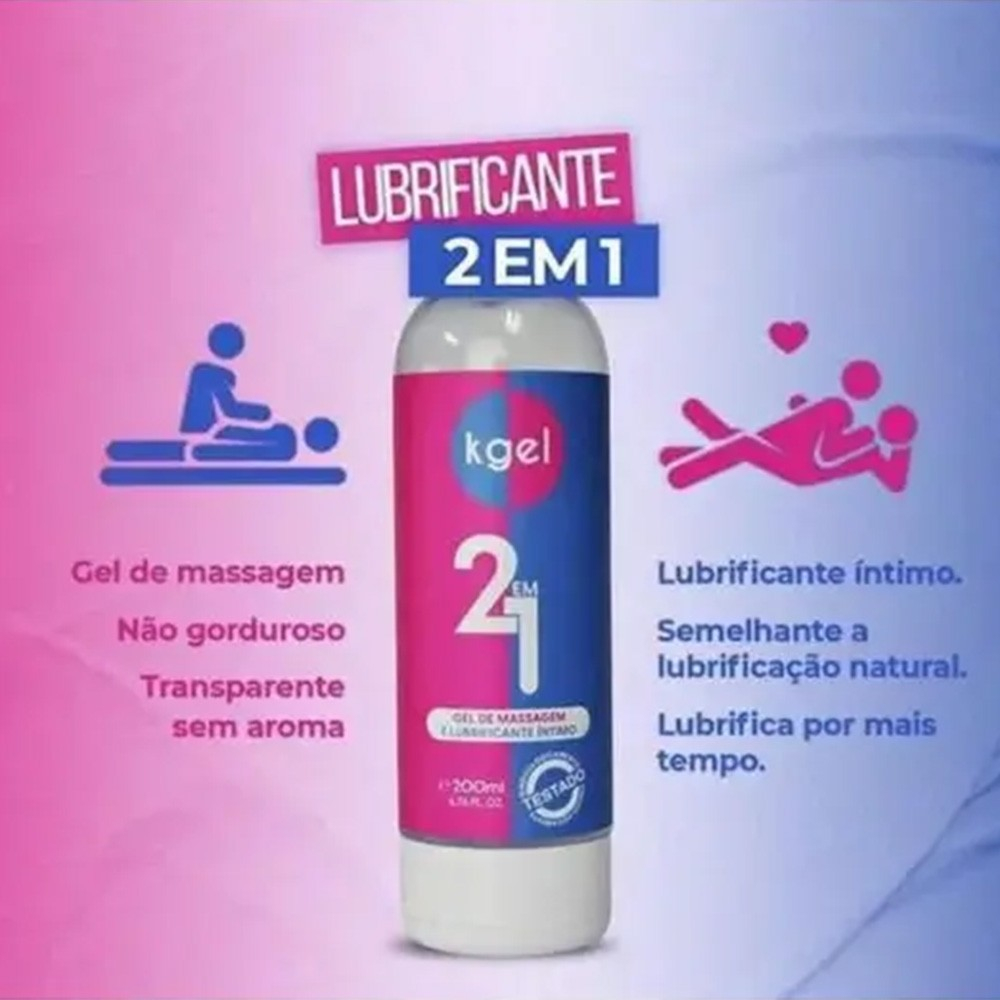 Lubrificante Kgel 2 em 1 destacando as fun��es de gel de massagem e lubrificante �ntimo, caracter�sticas como n�o gorduroso, sem aroma e lubrifica��o natural