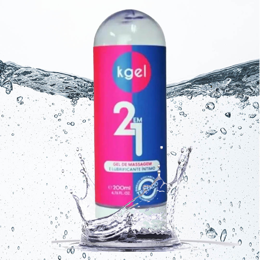 Frasco de lubrificante Kgel 2 em 1 ao lado de uma ilustra��o de �gua espirrando, enfatizando a base de �gua do produto