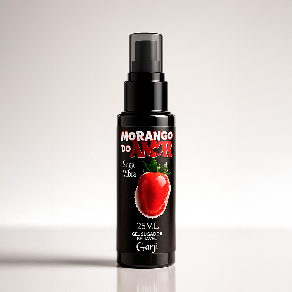 Frasco preto do Vibrador L�quido Morango do Amor de 25ml com pump e morango desenhado, em fundo branco