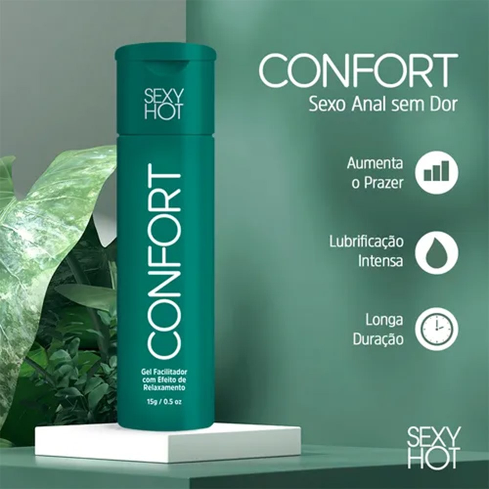 Gel para Massagem Corporal Confort Dessensibilizante Anal - Frasco verde com informa��es de 'Aumenta o Prazer', 'Lubrifica��o Intensa' e 'Longa Dura��o'