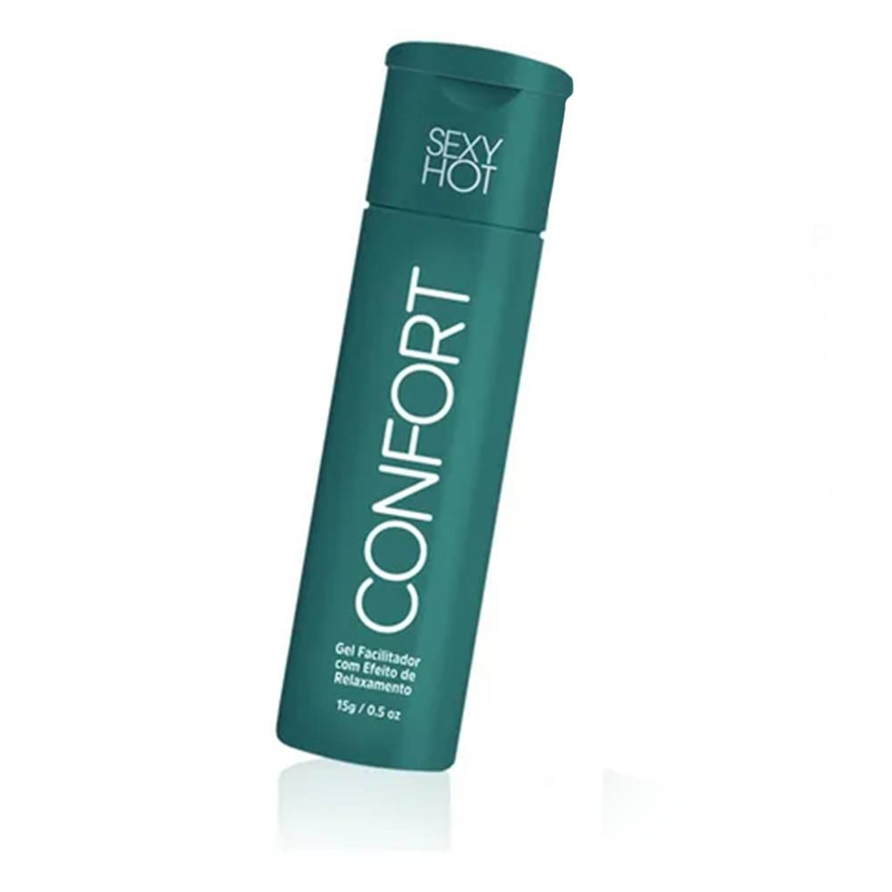 Gel para Massagem Corporal Confort Dessensibilizante Anal - Frasco verde com tampa e etiqueta, em posi��o inclinada