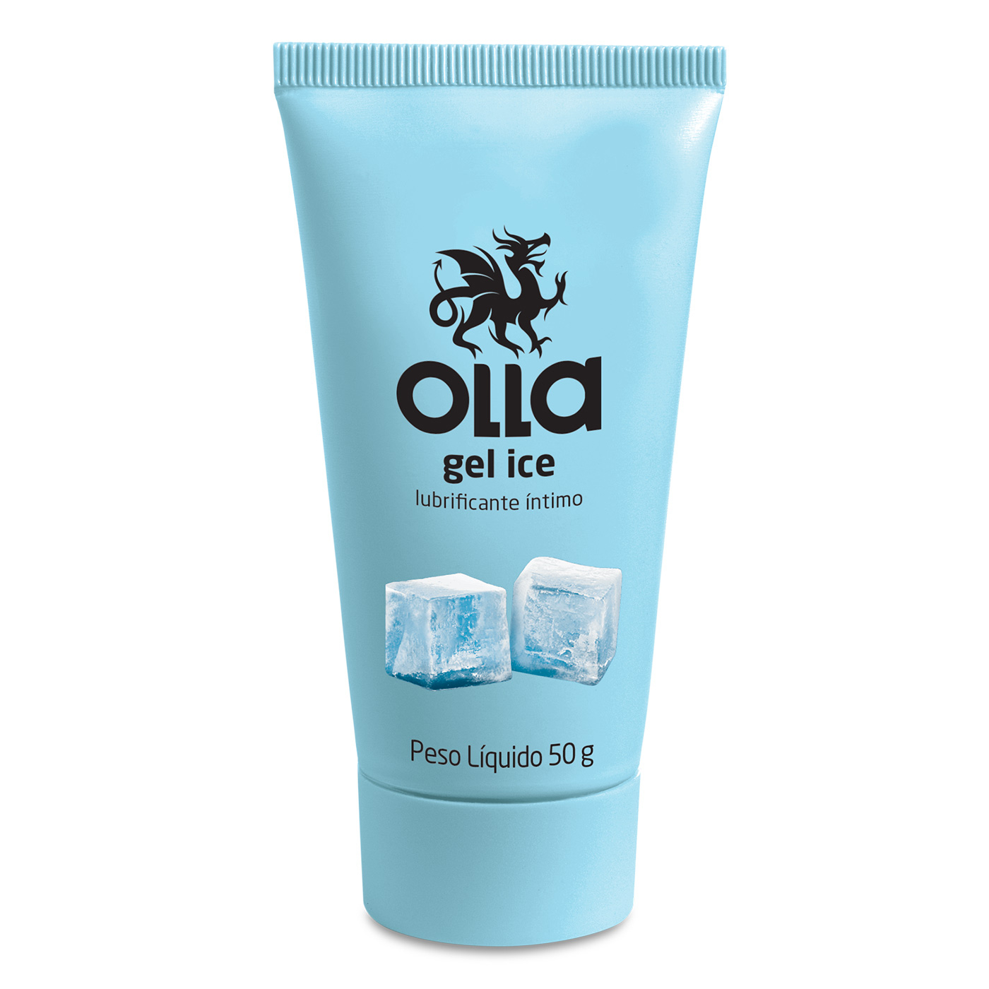 Olla Gel Lubrificante �ntimo Ice Esfria, embalagem azul claro com cubos de gelo e logo Olla