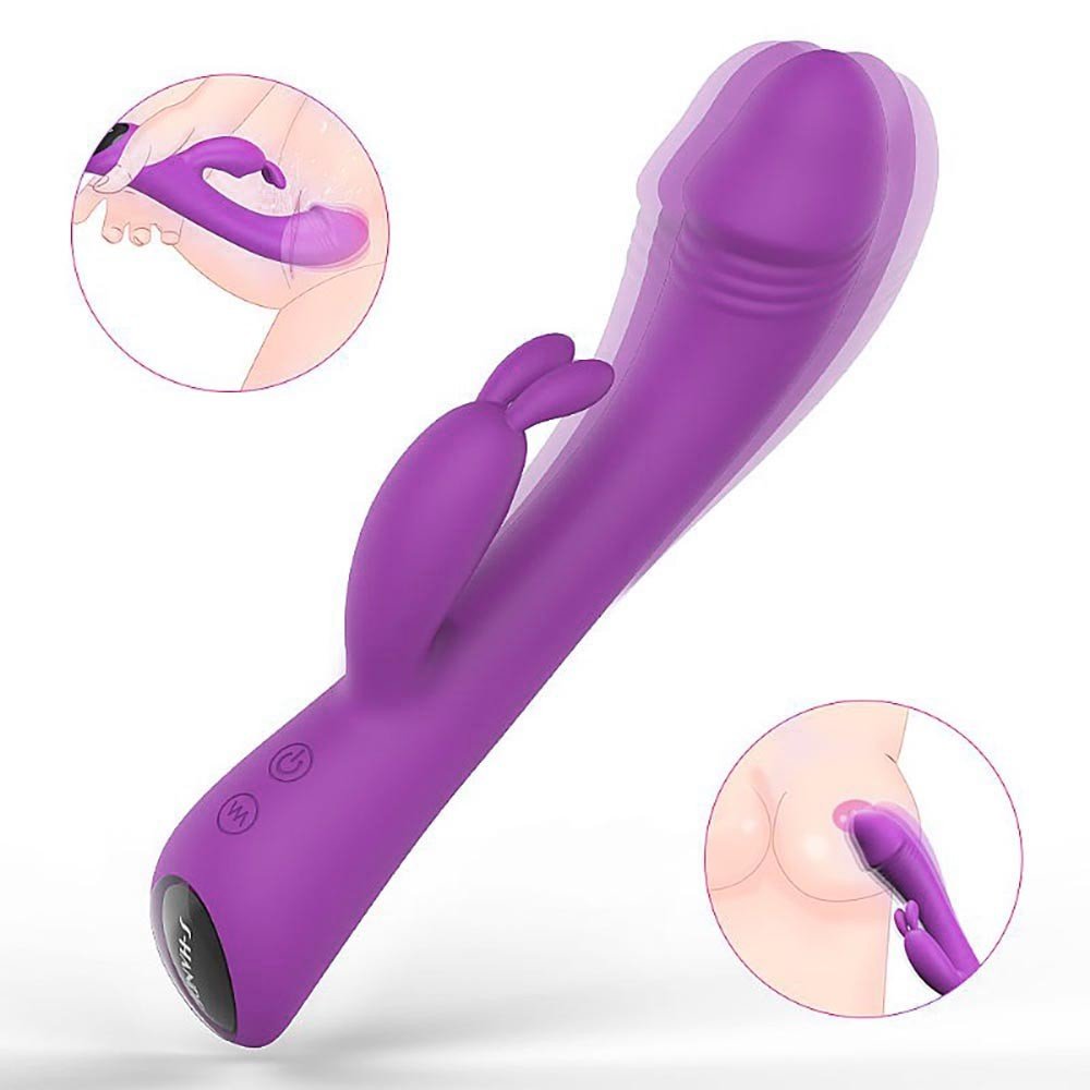 Vibrador Duplo Baby Bunny Roxo com vibrador principal e coelhinho, mostrando a dupla a��o