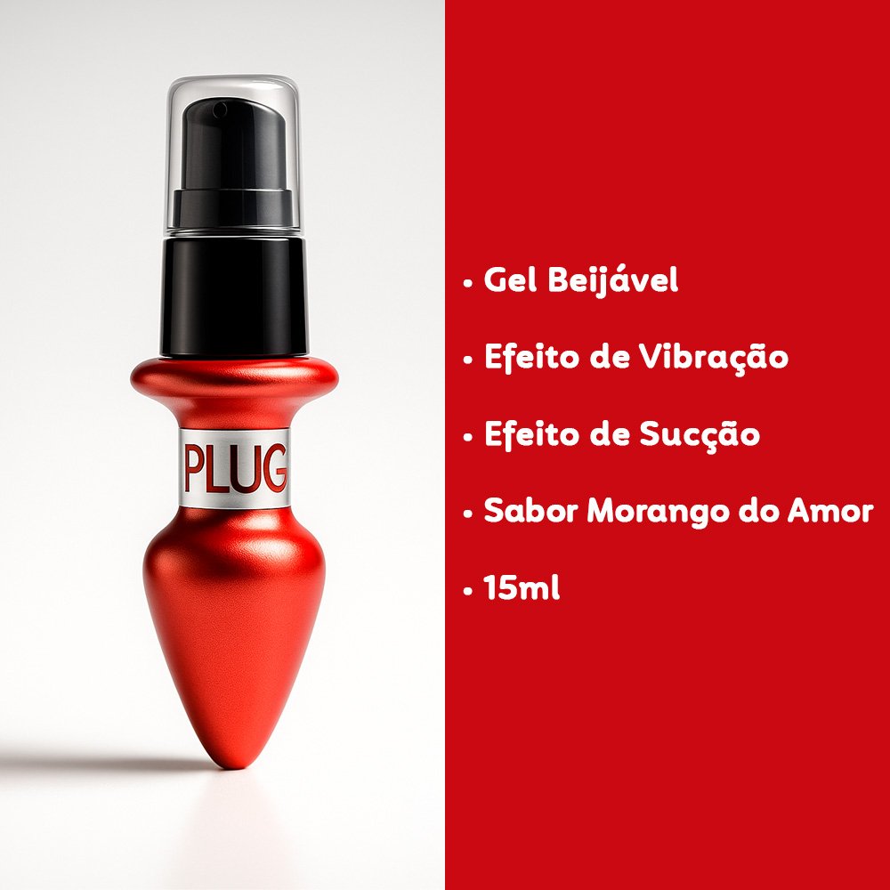 Vibrador L�quido Beij�vel Aroma e Sabor Morango do Amor em vermelho, destacando o texto 'Gel Beij�vel, Efeito de Vibra��o, Efeito de Suc��o, Sabor Morango do Amor, 15ml' ao lado.