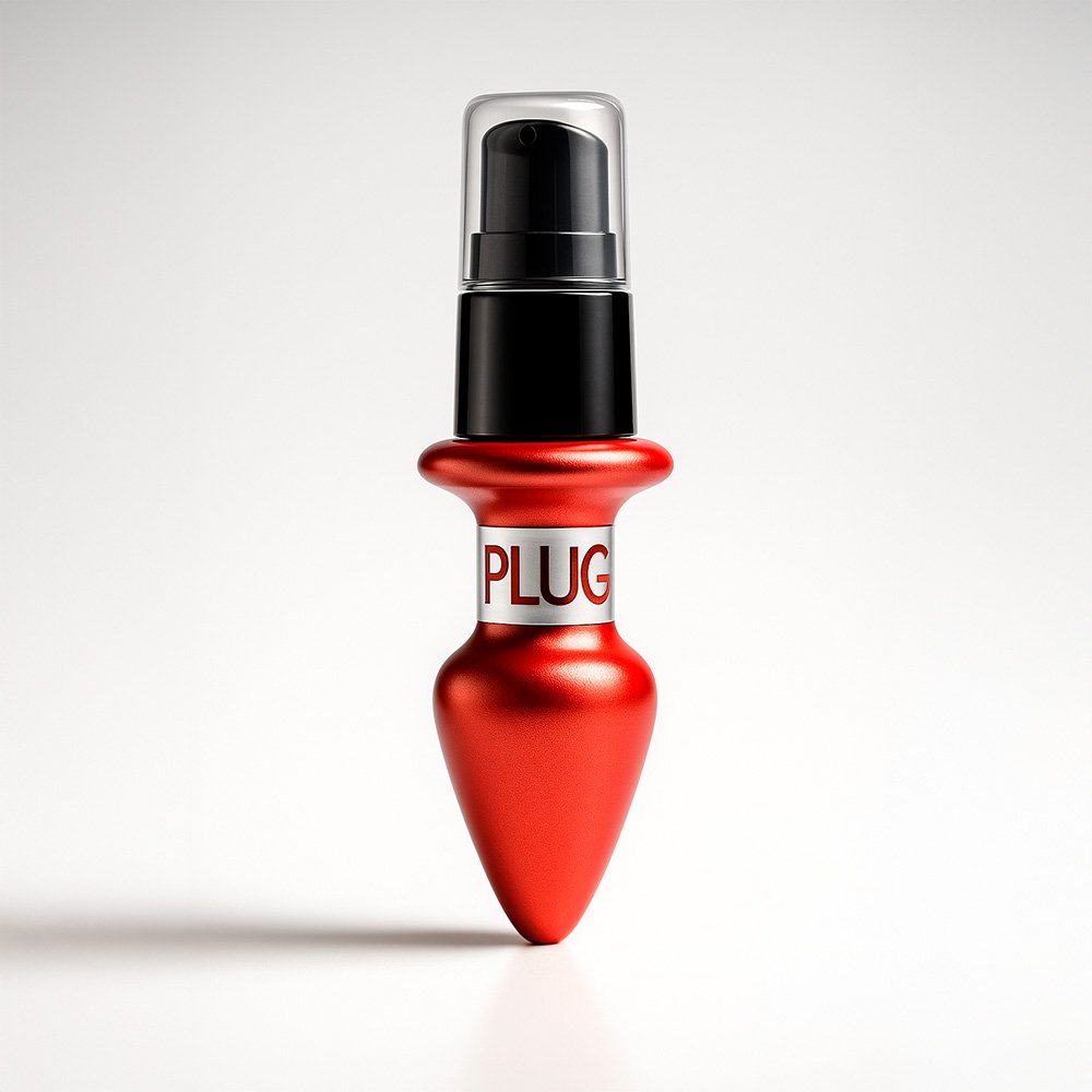 Vibrador L�quido Beij�vel Aroma e Sabor Morango do Amor de 15ml, em frasco vermelho metlizado com dosador preto, de frente, em fundo branco.