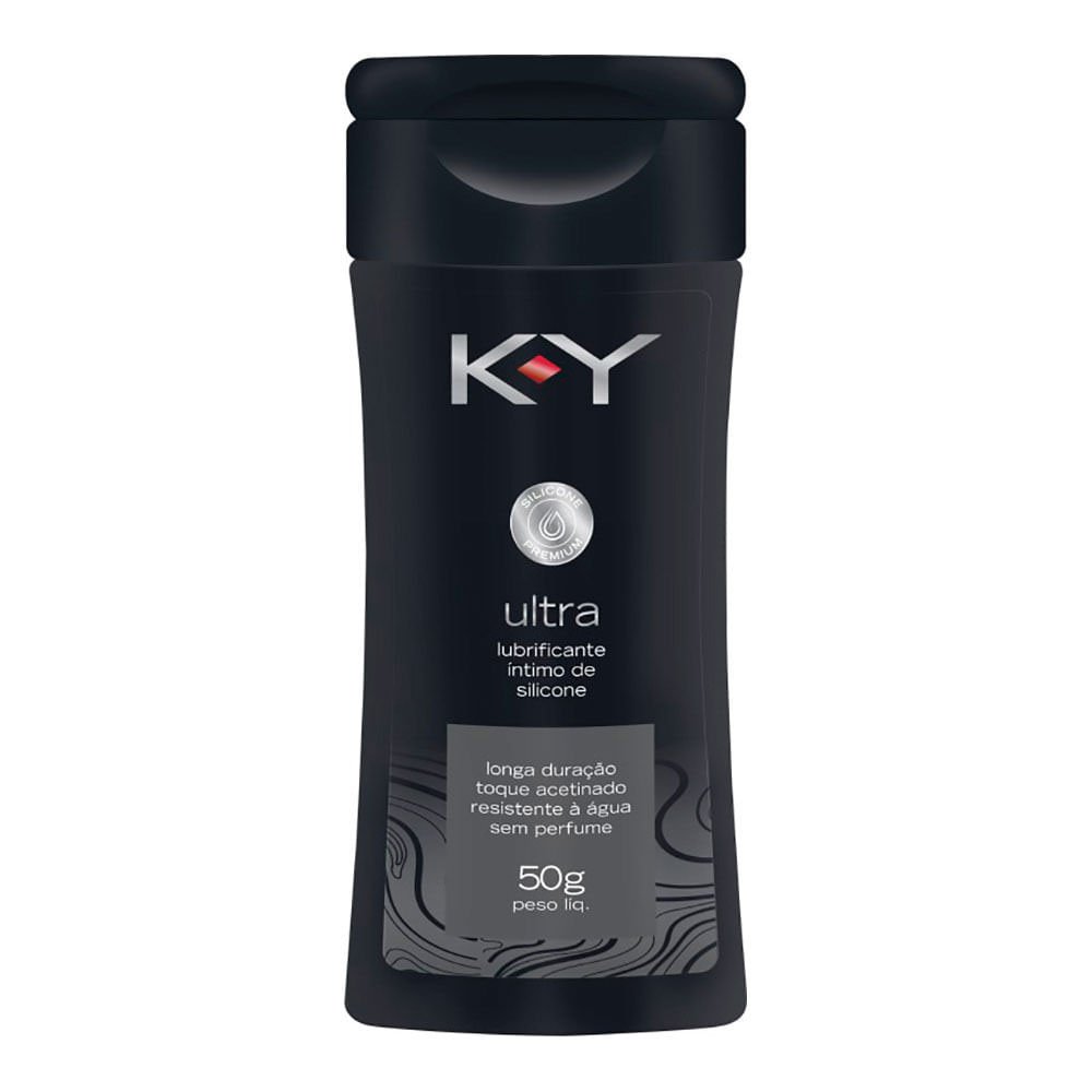 KY Ultra Lubrificante �ntimo de Silicone 50g em sua embalagem, ao lado do frasco, mostrando detalhes do design premium e selos de qualidade.
