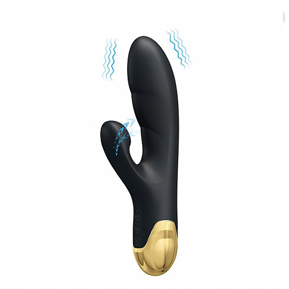 Vibrador Duplo Recarreg�vel em Silicone M�dico com 7 Vibra��es e 7 Suc��es com Ouro 18K Preto - Vista Lateral