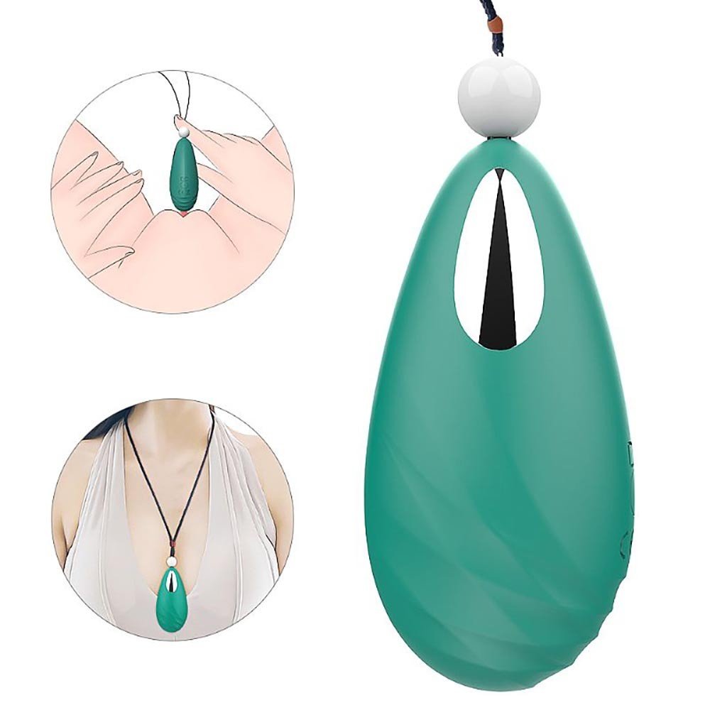 Vibrador Discreto em Silicone Recarreg�vel com 9 Vibra��es Beryl Verde em forma de colar, ilustrando o uso discreto e a estimula��o do clit�ris e ponto G.