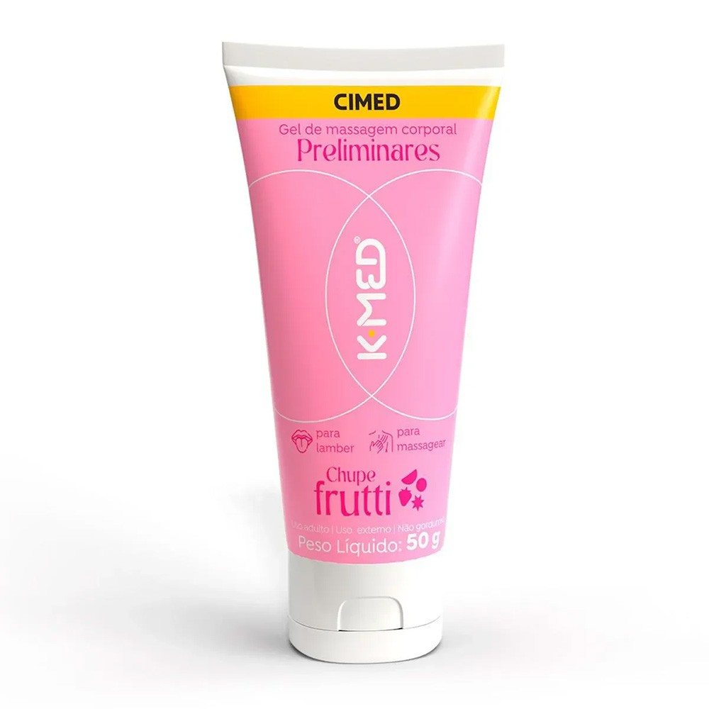 Gel para Sexo Oral Preliminares Chupe Frutti 50g, embalagem em tom rosa claro com detalhes de frutas e marca K-Med