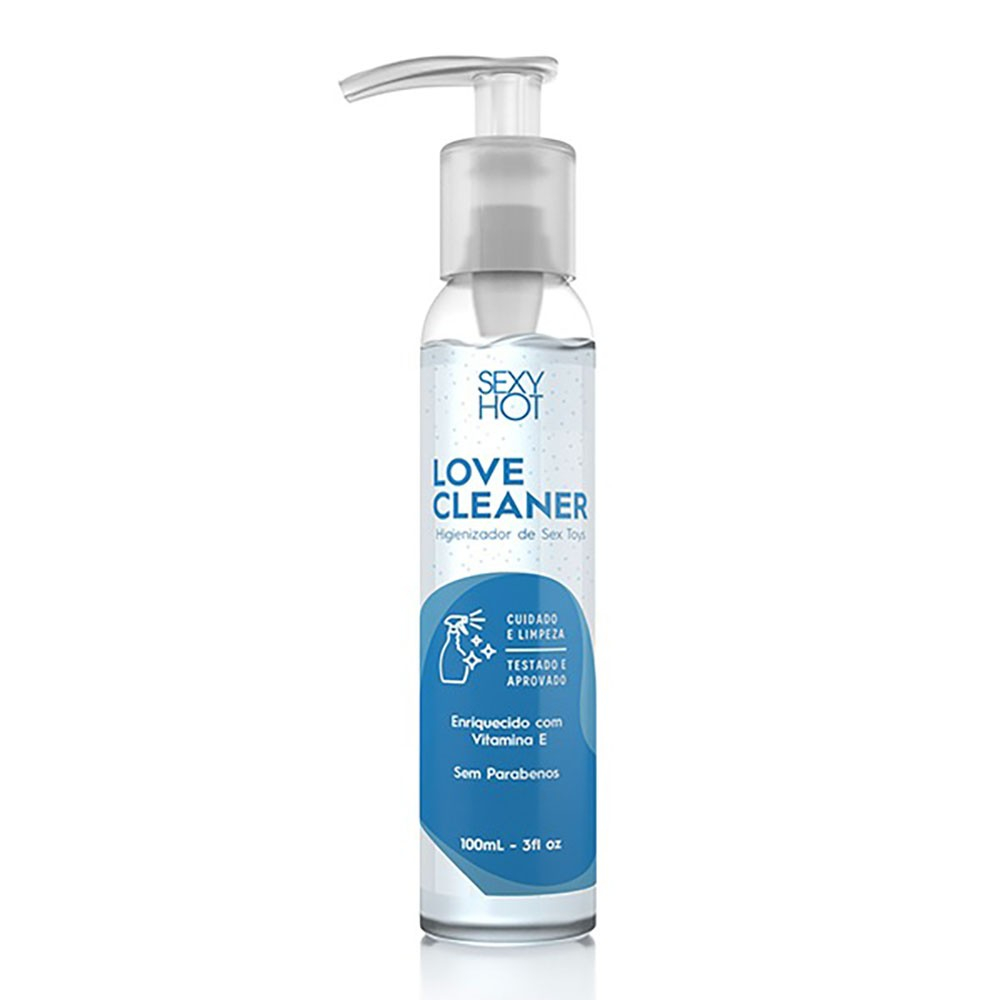 �lcool Gel Toy Cleaner Higienizador de Produto Er�tico 100ml - Frasco branco com r�tulo azul e detalhes dourados, com tampa pump, da marca Sexy Hot, indicando cuidado e limpeza, enriquecido com Vitamina E e sem parabenos.