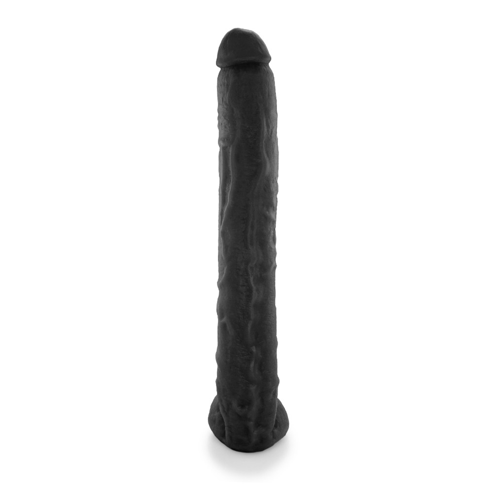 P�nis Gigante e Grosso Flex�vel com Escroto Neg�o da Picona 37 x 5cm Preto visto de lado com detalhes das texturas e dimens�es