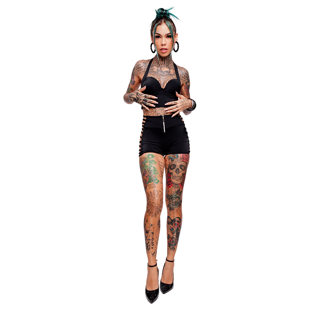 Conjunto Sensual Sexy em Suplex Poli�ster Shorts com Tiras Laterais e Cropped com Bojo Preto | Foto 05
