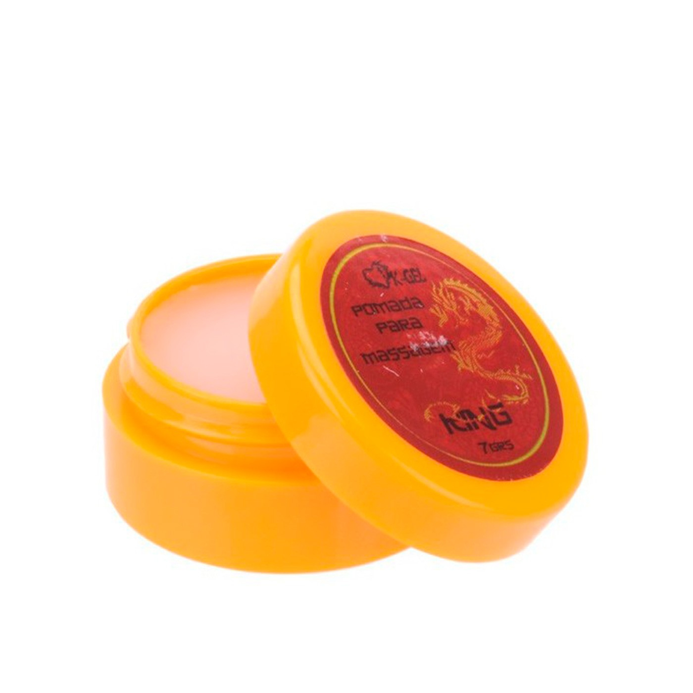 Excitante Unissex Pomada para Massagem King 7g, embalagem aberta com a pomada vis�vel.