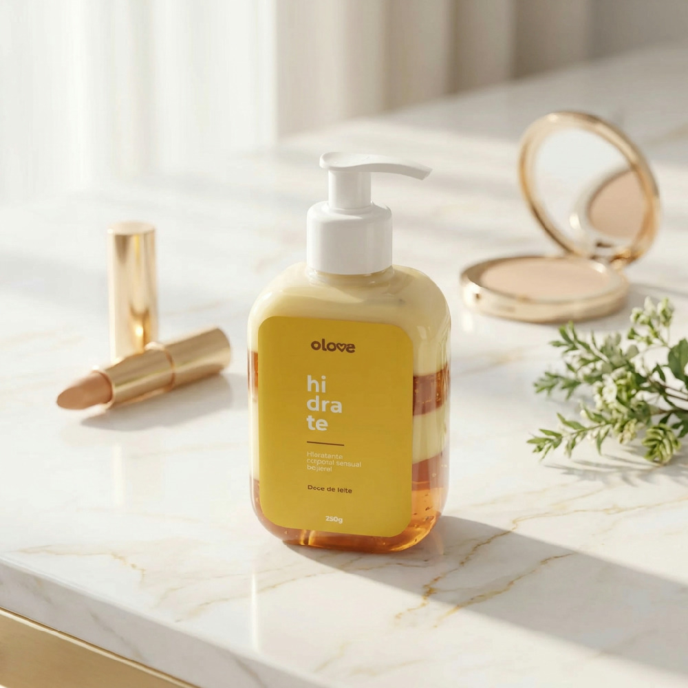 Gel Hidratante Corporal Sensual Beij�vel Aroma Doce de Leite Olove em um cen�rio elegante, ao lado de batom e espelho, destacando seu design e embalagem