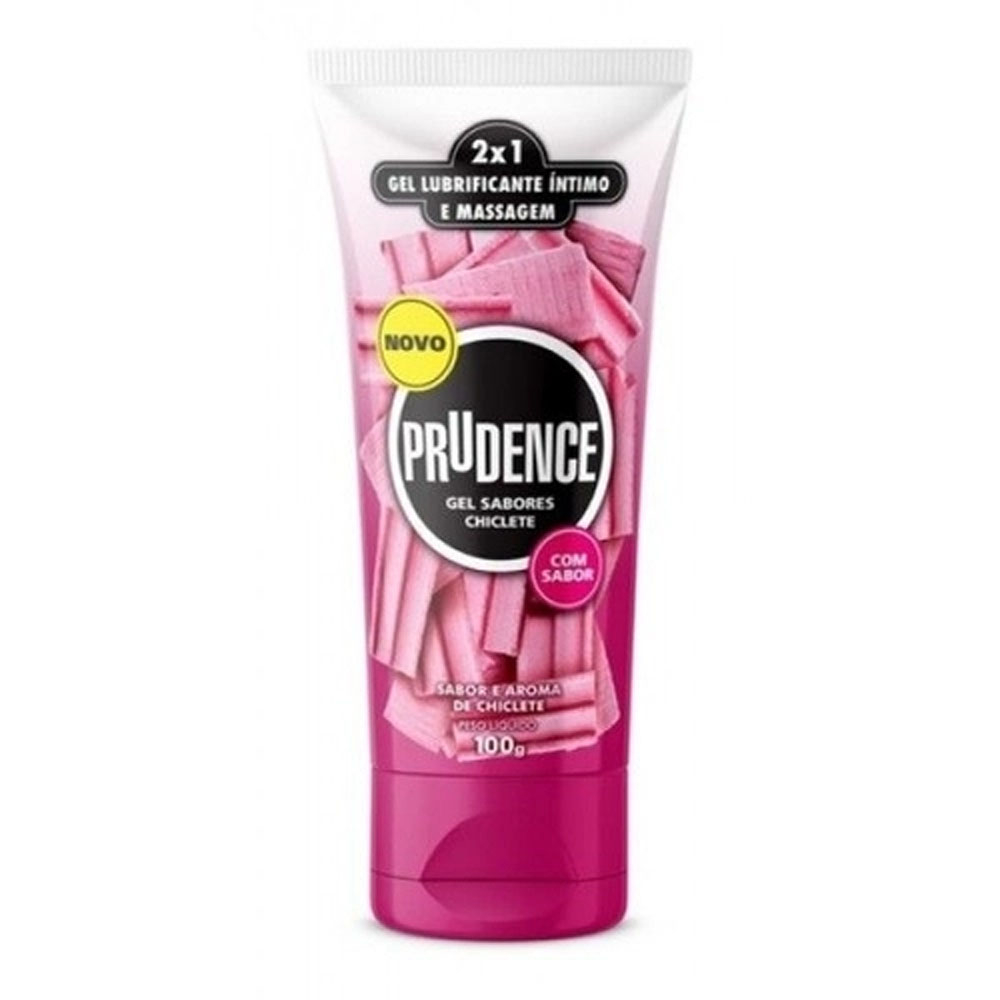Lubrificante Prudence Gel Sabor Chiclete 100g: embalagem em tons de rosa com detalhes de chiclete e informa��es de '2x1 Gel Lubrificante �ntimo e Massagem', 'Sabor e Aroma de Chiclete', e '100g'.