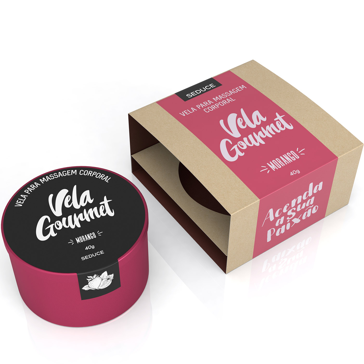 Vela para Massagem Gourmet Morango e sua embalagem, vista superior