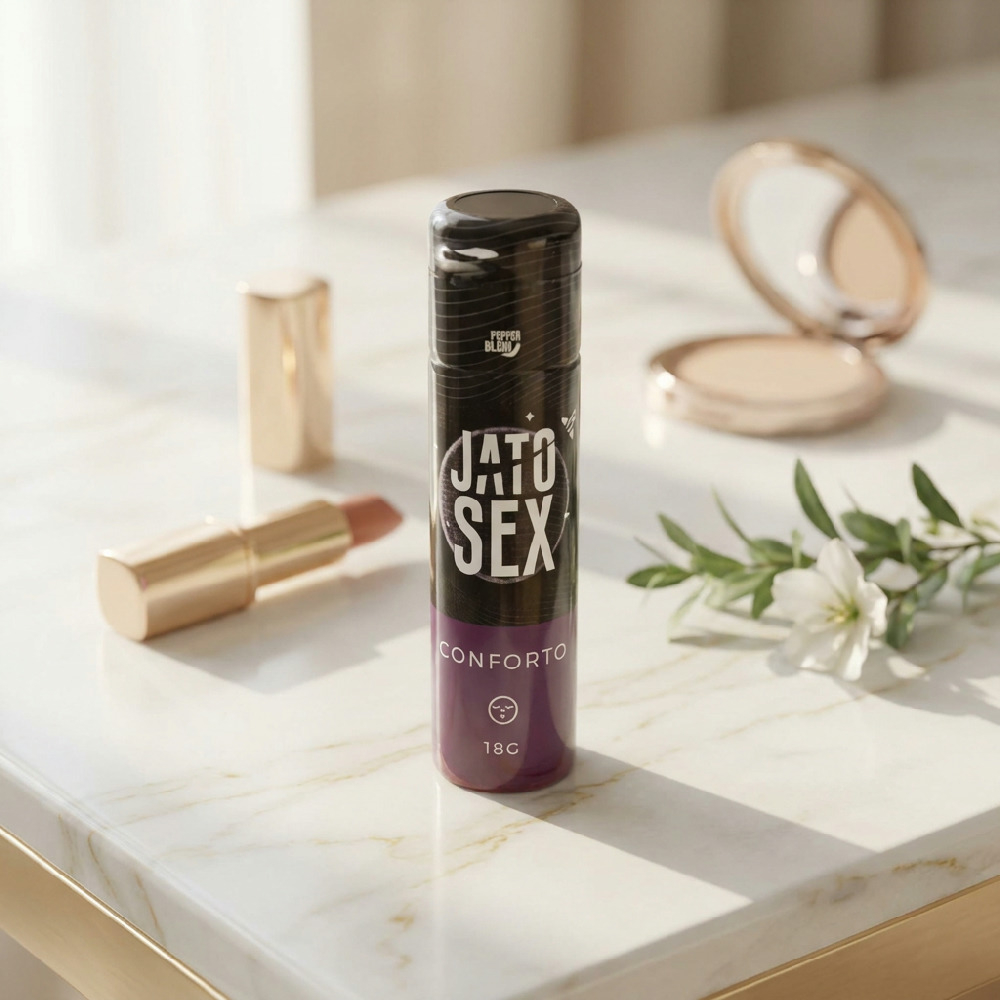 Gel Deslizante Comest�vel Conforto Jato Sex 18g em ambiente com batom e maquiagem, destacando seu design elegante e discreto