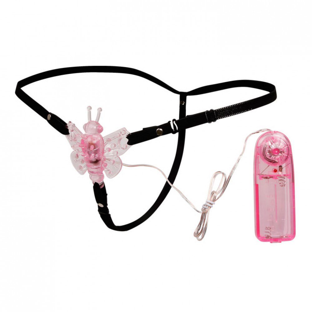 Vibrador Butterfly Multivelocidade com Cinta Rosa em uso, mostrando a borboleta transparente com pontos de estimula��o