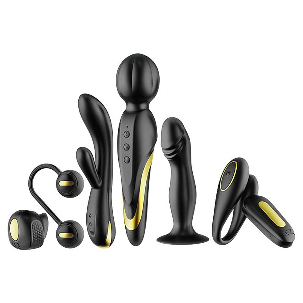 Kit Luxo Queen's Luxury Collection Pretty Love Preto com 6 vibradores e acess�rios, exibindo variedade de formatos