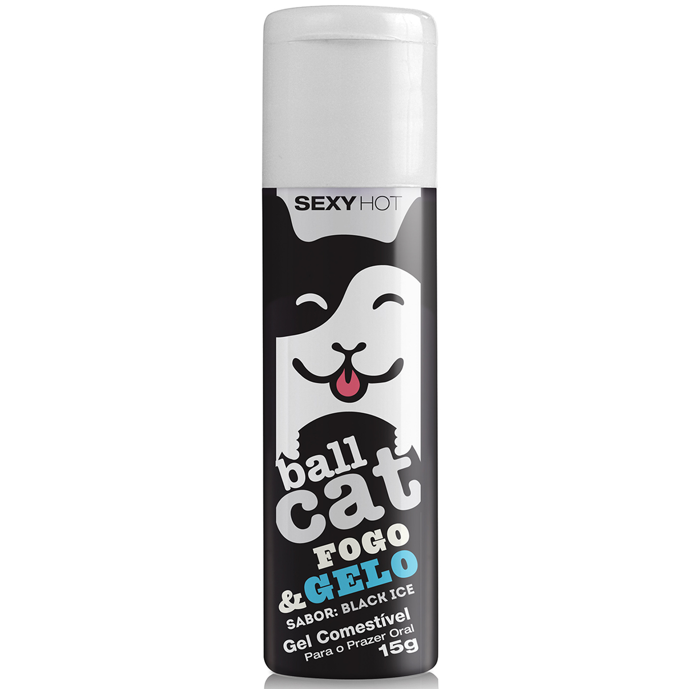 Gel Beij�vel Ball Cat Fogo e Gelo Black Ice para Sexo Oral, embalagem preta e branca com desenho de gato