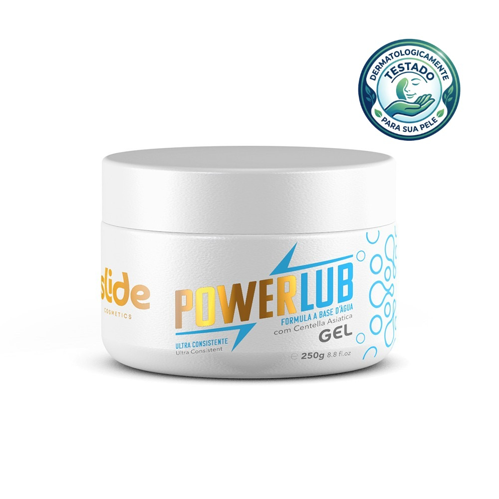 Lubrificante Corporal PowerLub Gel 250g, vis�o frontal do pote fechado com selo de 'Dermatologicamente Testado'.