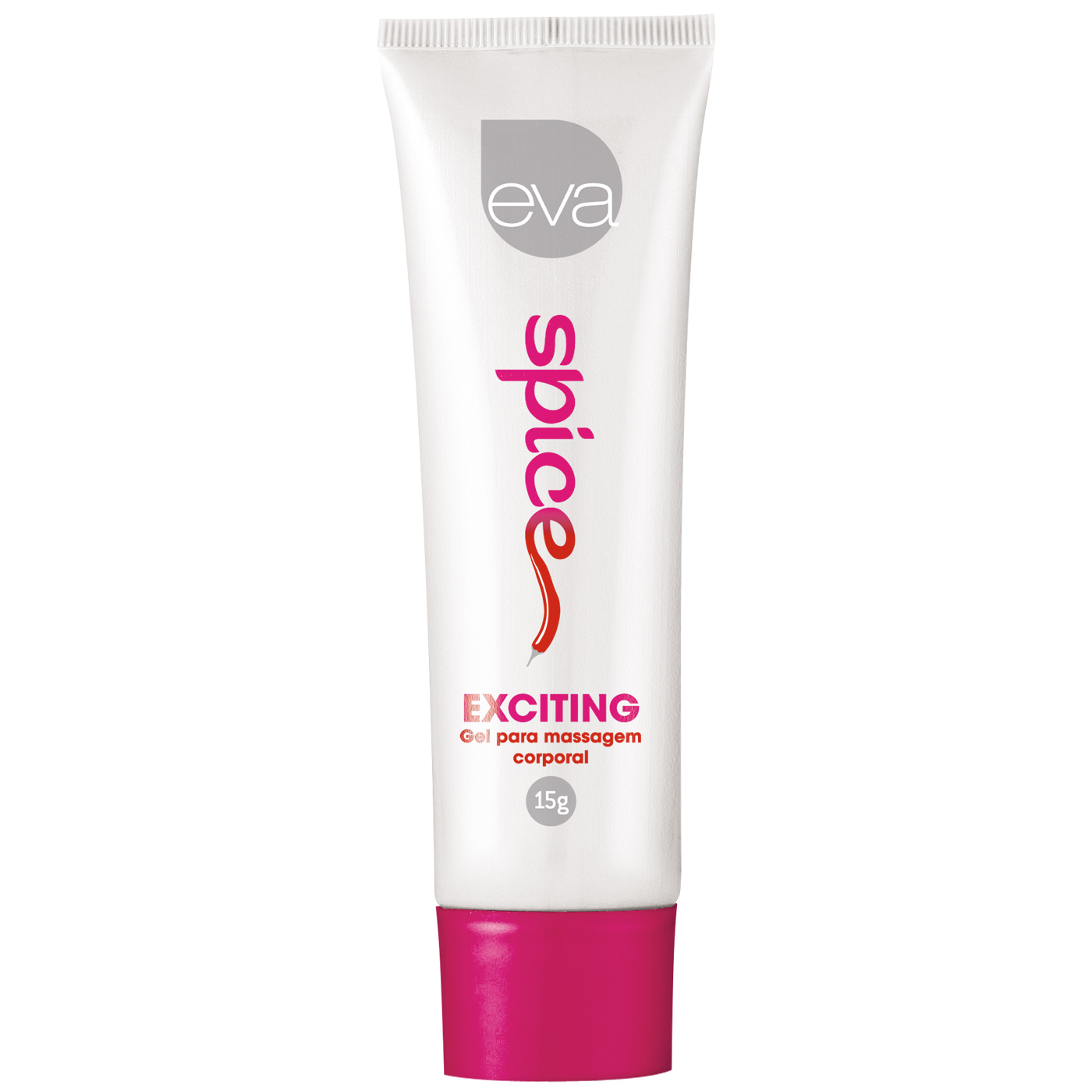 Gel Feminino Exciting Spice, embalagem em bisnaga branca com tampa rosa, marca Eva e nome Spice em destaque.