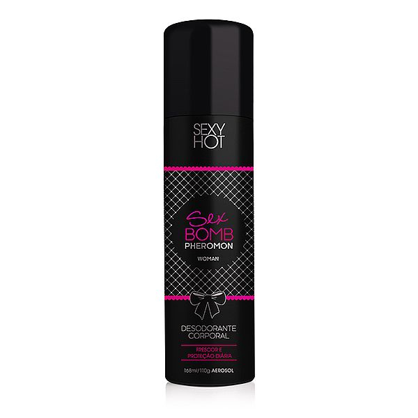 Desodorante Corporal Mulheres Pherormon Sex Bomb, frasco preto com detalhes em rosa e nome do produto