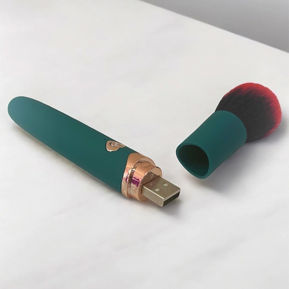 Vibrador Discreto Recarreg�vel em Silicone com 7 Vibra��es Formato de Pincel de Maquiagem Verde com tampa USB removida