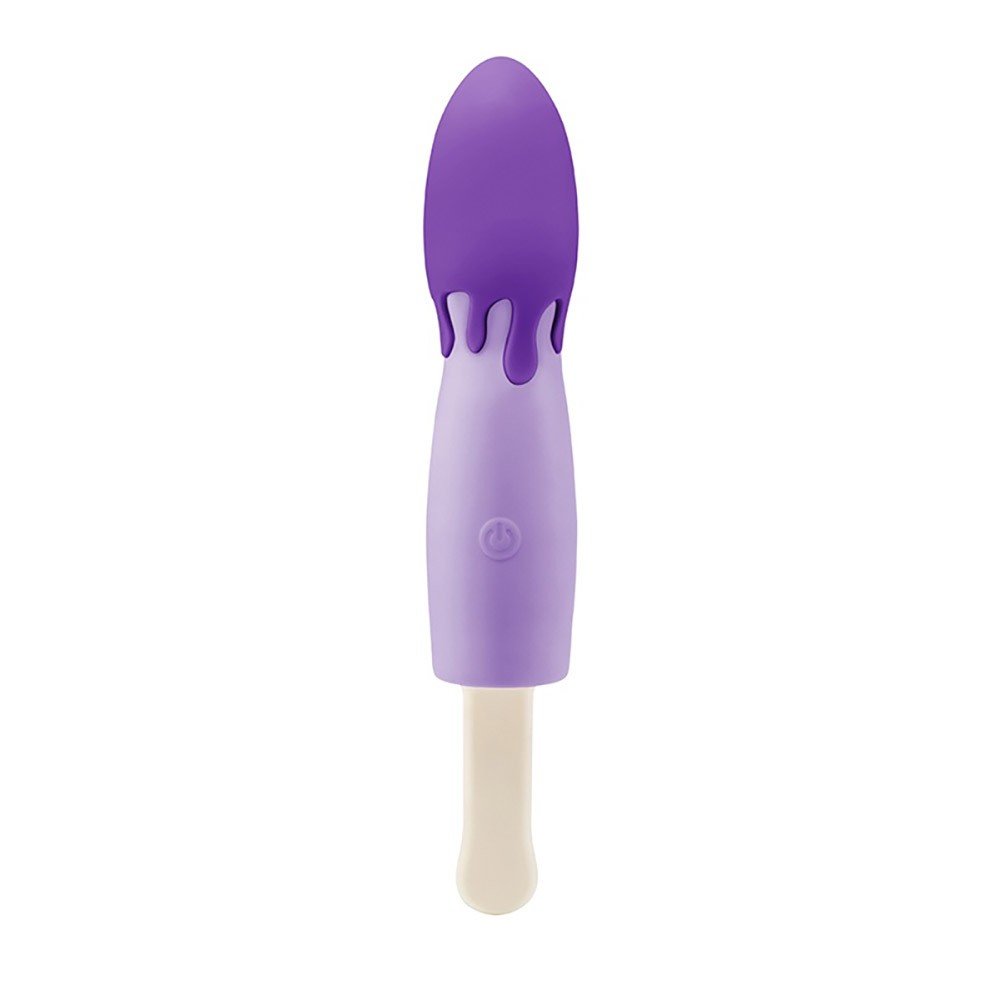 Vibrador Discreto em Silicone Formato de Sorvete Roxo, visto de frente, com a base branca e a parte vibrat�ria roxa