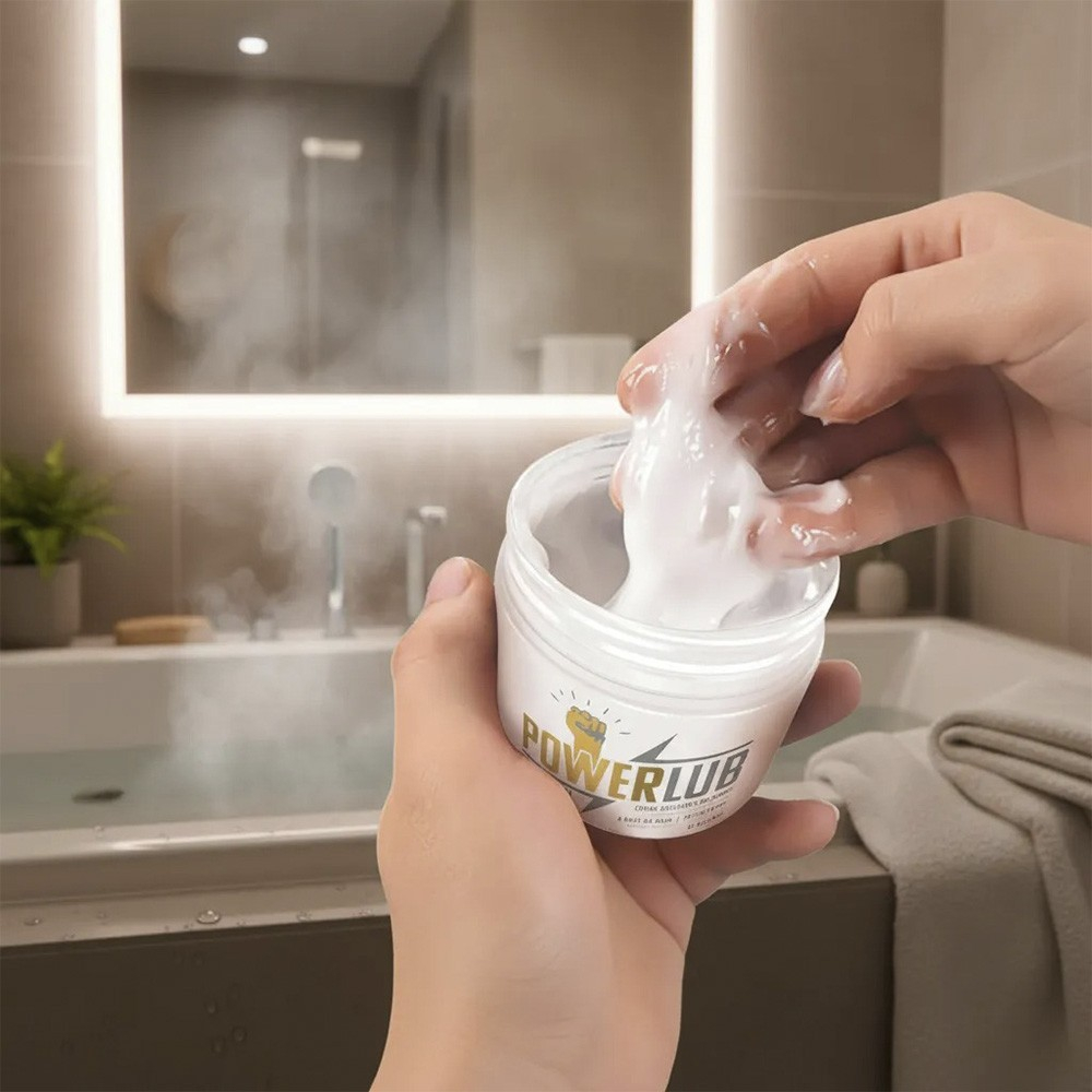 M�os aplicando o Lubrificante PowerLub para Fisting, mostrando a textura cremosa e o frasco em um ambiente de banheiro