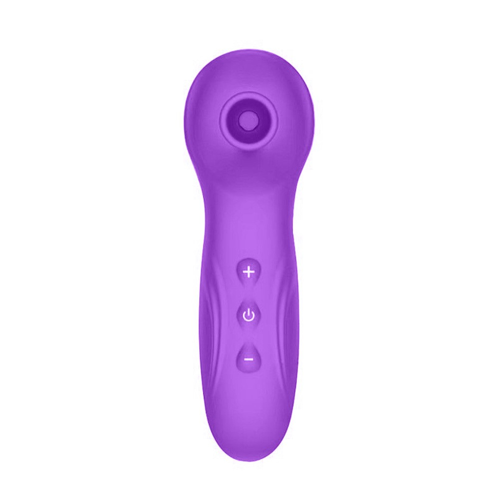 Vibrador para Clit�ris Recarreg�vel em Silicone Roxo - Vista da parte superior com o mecanismo de suc��o e os bot�es de controle de vibra��o e ligar/desligar.